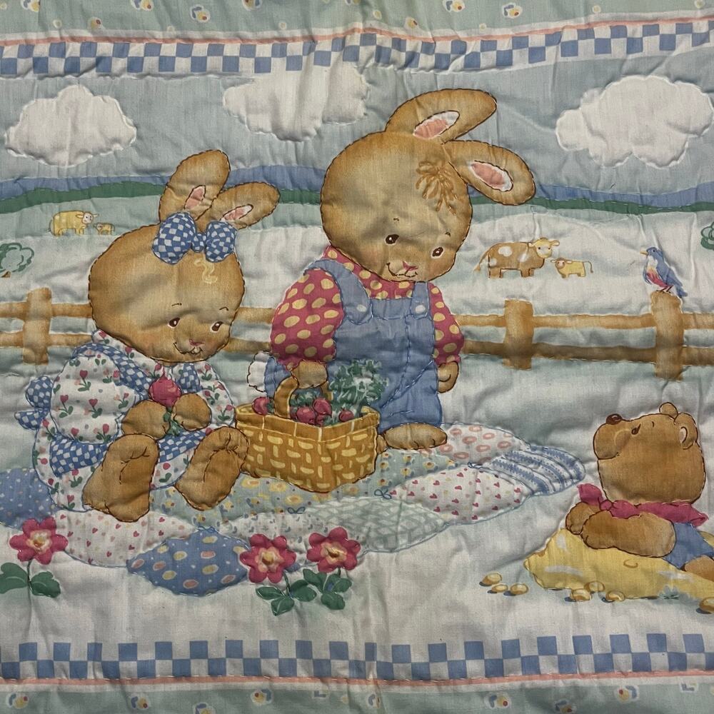 Vintage Quilted Embroidered Kitschy Baby Blanket 34 x 43 Pastels Bunny Cottage‎